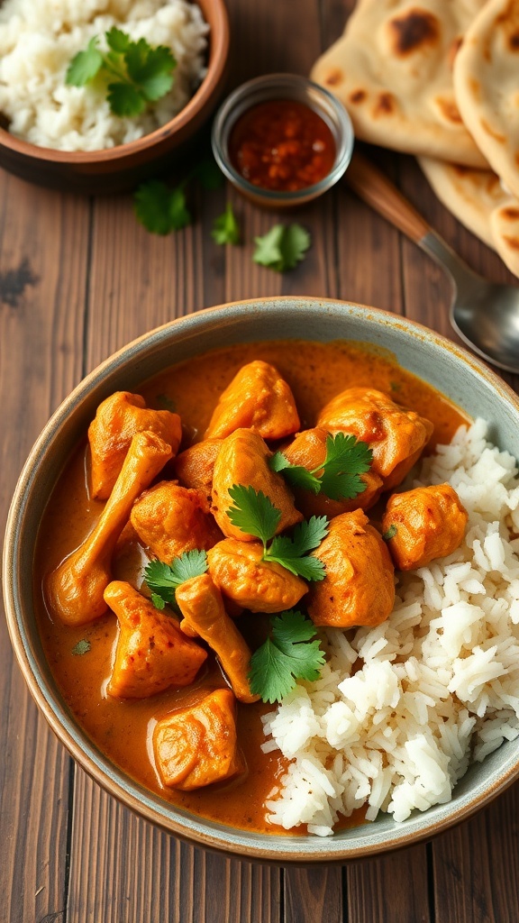 A bowl of spicy chicken curry with cilantro garnish, served with rice and naan on a rustic table.